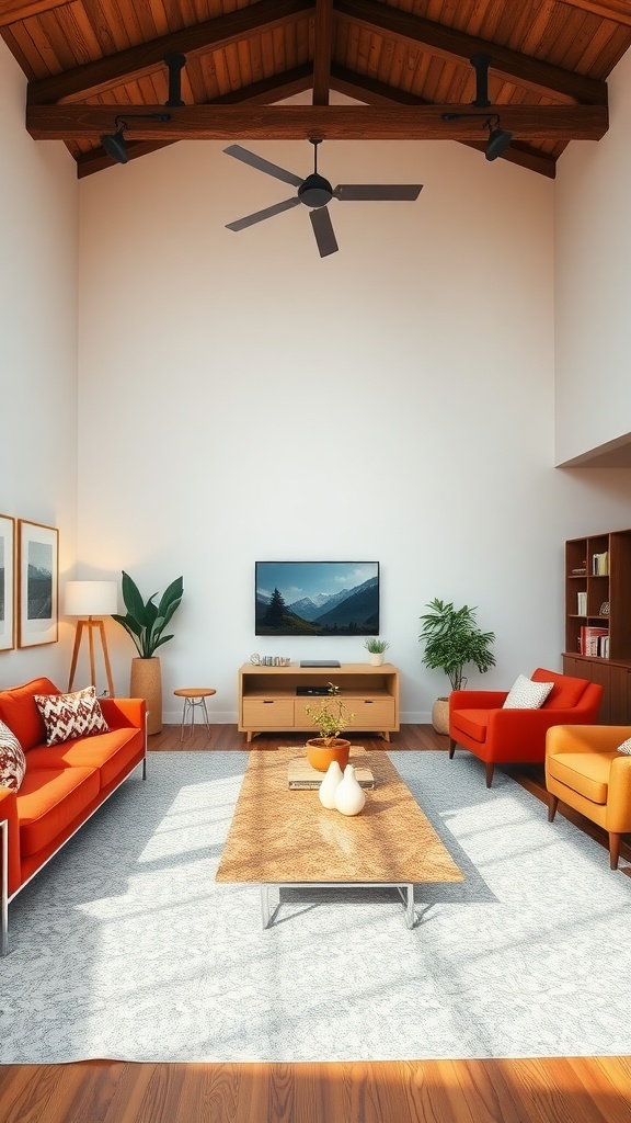 A living room with high ceilings featuring multi-level furniture in bright colors