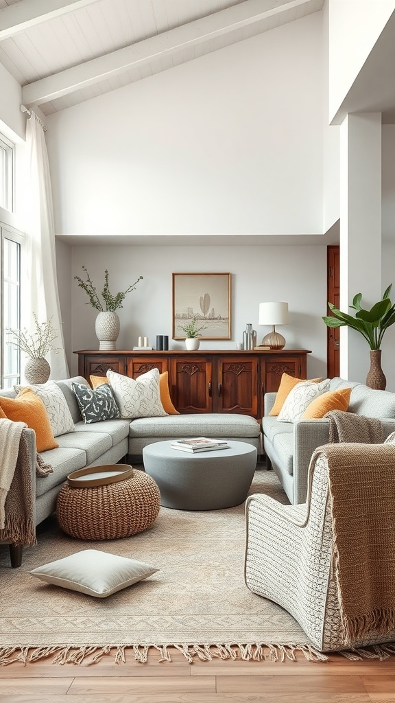 Cozy open concept living room with textured fabrics and warm tones