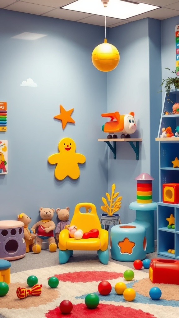 A colorful sensory play corner for kids with toys, balls, and bright decorations.