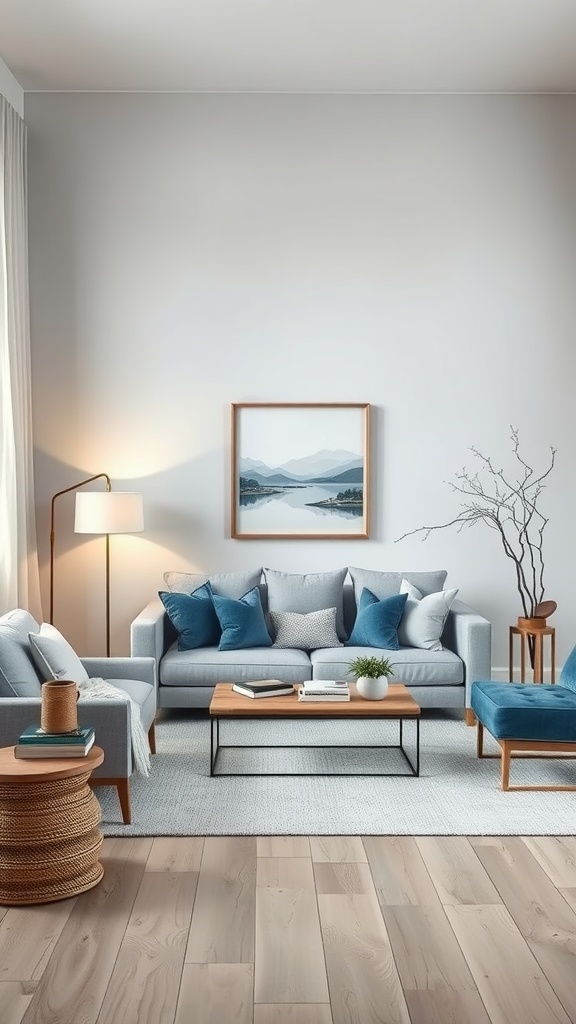 A stylish living room featuring blue and gray decor, with a comfortable sofa, wooden coffee table, and soft lighting.