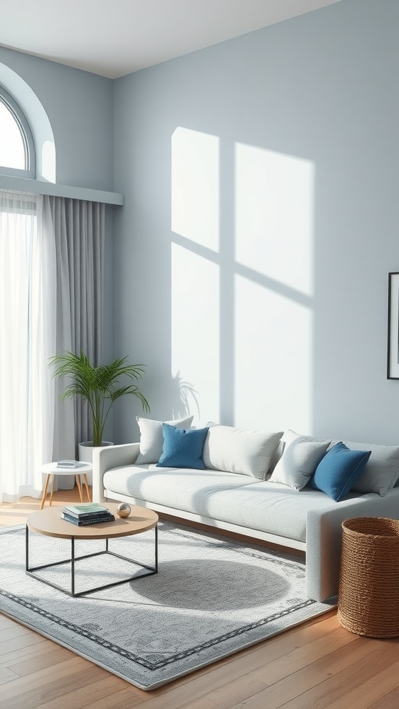 A serene living room featuring blue walls, a gray sofa with blue cushions, and natural light pouring in through large windows.