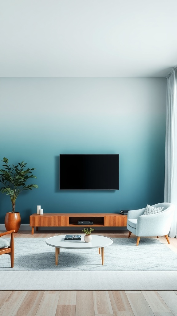 Living room with blue and green ombre wall, wooden furniture, and a cozy atmosphere.