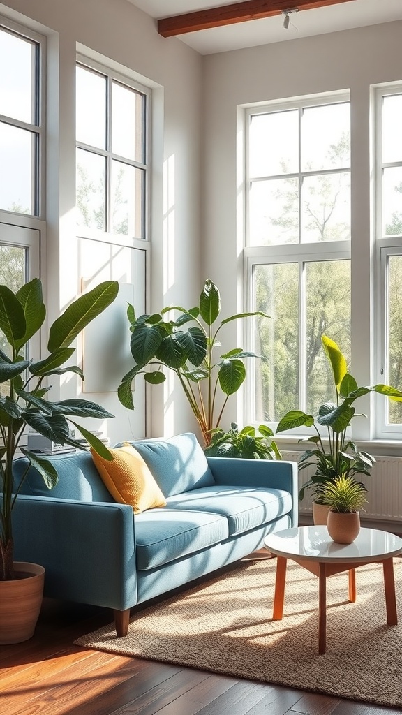 A serene living room featuring a blue couch surrounded by plants and large windows.