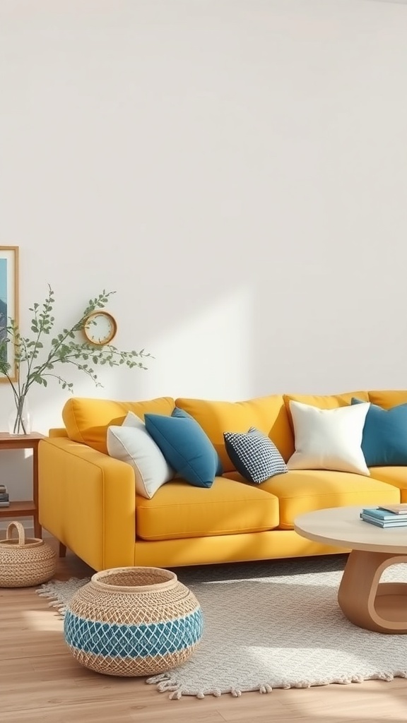 Living room featuring a mustard yellow sofa with blue accent pillows, a wooden coffee table, and a cozy rug.