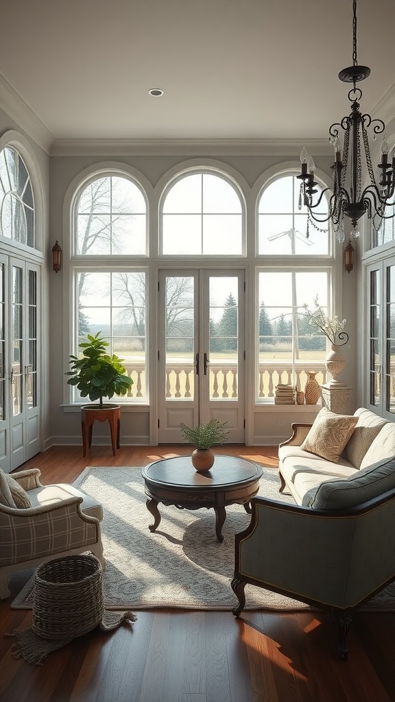 Bright living room with large windows, comfortable seating, and a view of the outdoor landscape