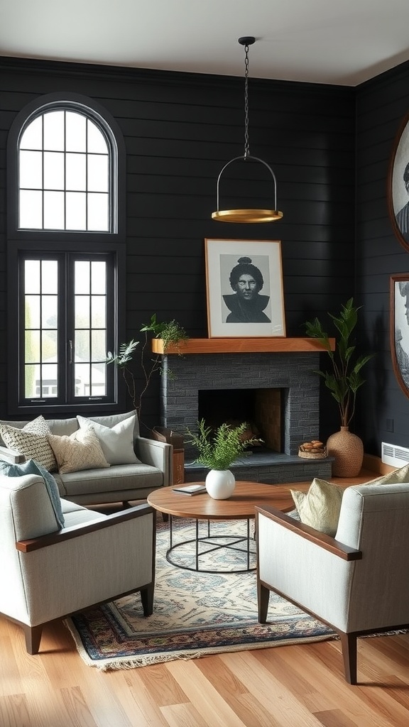 Living room featuring black shiplap walls, comfortable furniture, a fireplace, and natural light.