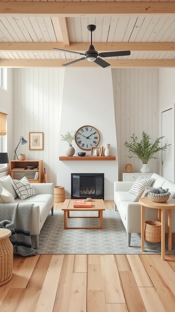 A Scandinavian-style living room featuring light colors, wooden beams, and minimalist furniture.