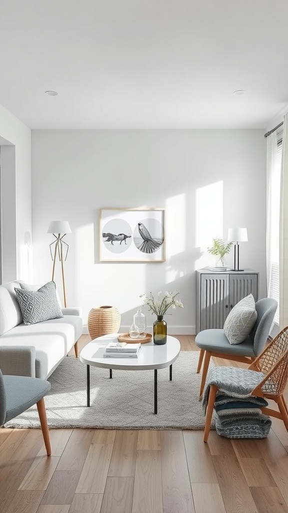 A serene Scandinavian-inspired living room with grey and white tones, featuring a light grey sofa, round coffee table, and natural elements.