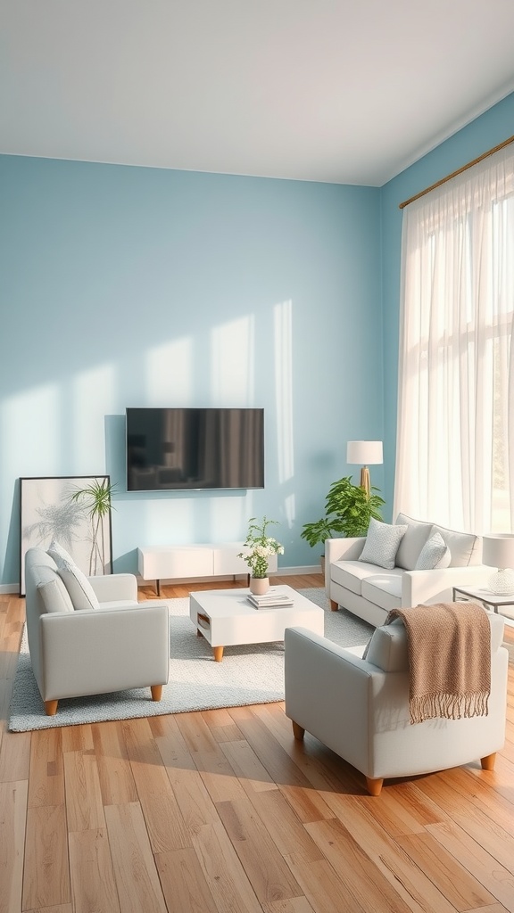 A serene living room painted in sky blue with white furniture, large windows, and natural light.