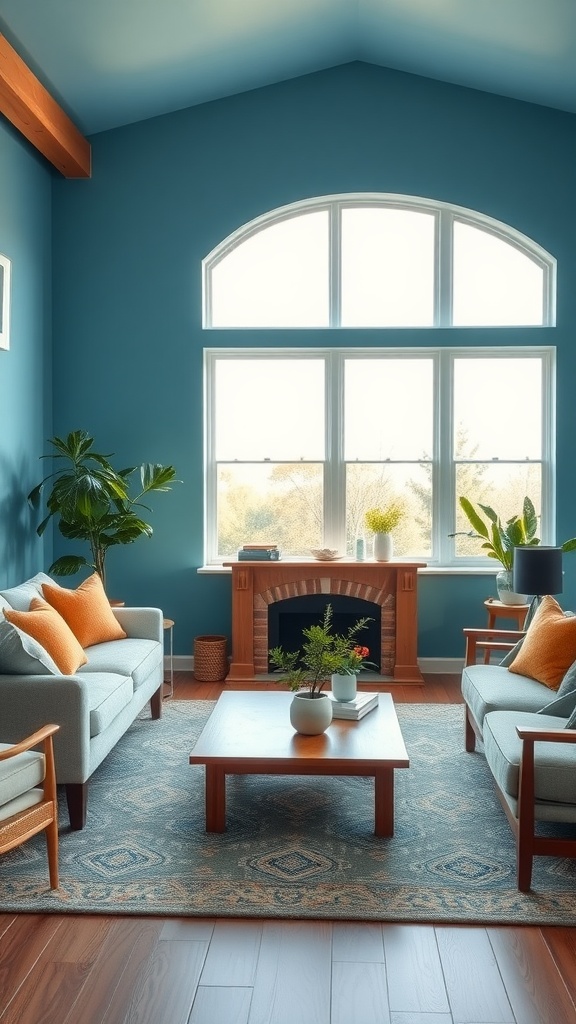 Living room with sky blue walls, oak furniture, and a cozy atmosphere.