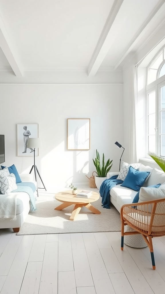 A bright Scandinavian living room with white walls, blue accents, and wooden furniture.