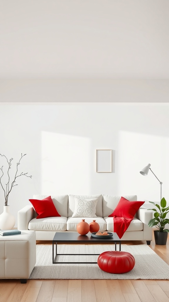 Living room with white walls, red decor, and modern furnishings