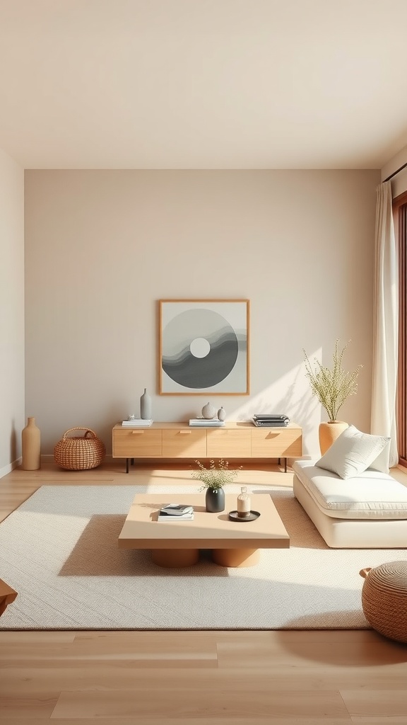 A serene beige living room featuring a light sofa, wooden coffee table, and minimal decor.