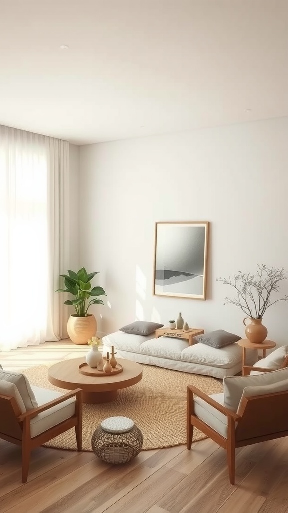 A serene living room with a low seating arrangement, natural materials, and soft colors, designed for relaxation.