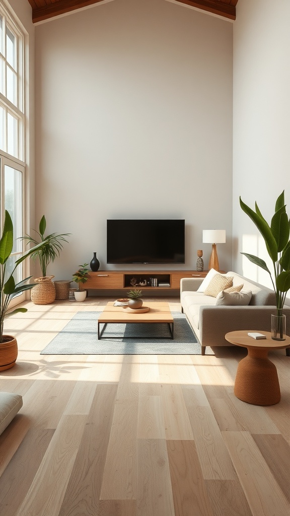 A serene living room with a cozy sofa, large windows, and greenery.