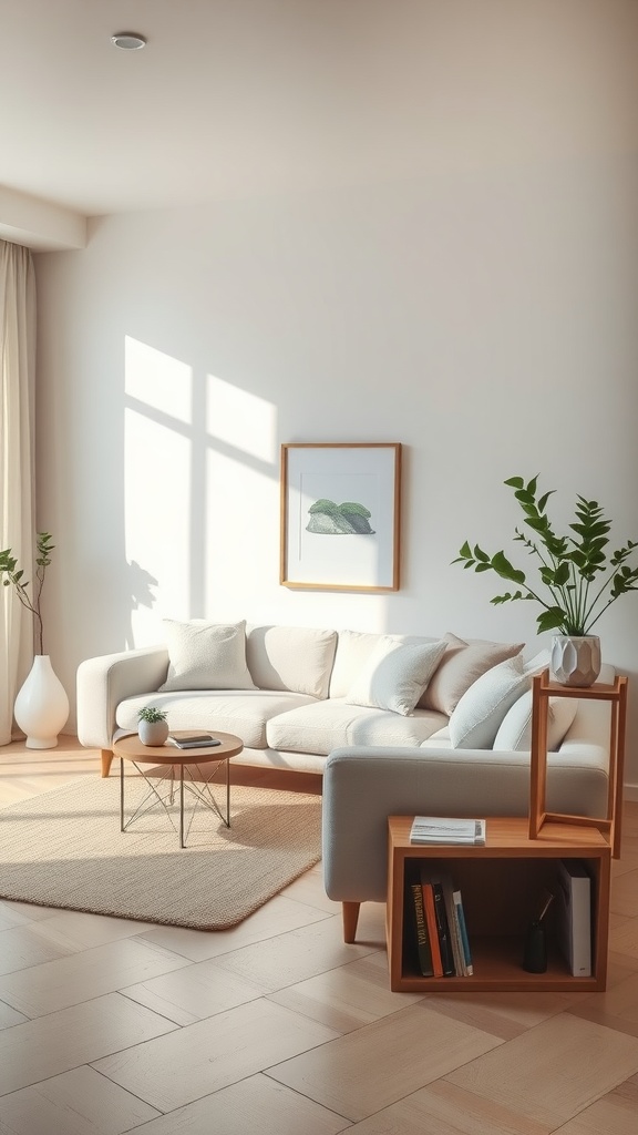 A serene living room featuring a white couch, wooden flooring, and natural light, creating a calming atmosphere.