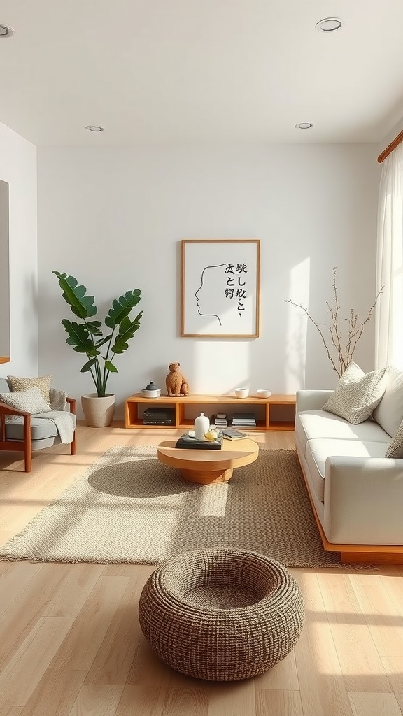 A serene living room featuring minimal decor, with a round coffee table, a cozy sofa, and a leafy plant.