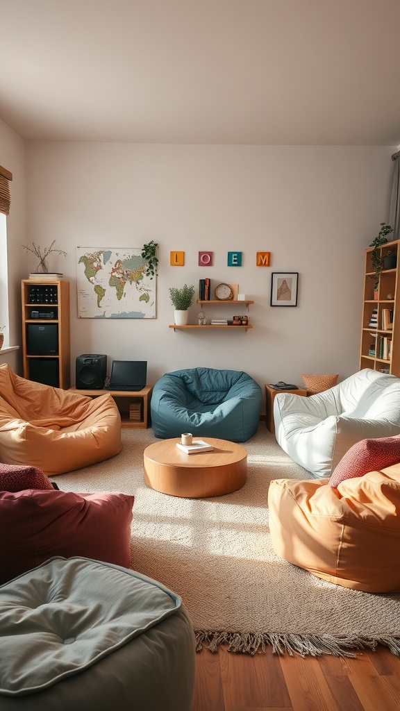 A cozy dorm living room with colorful bean bags, a round coffee table, and decorative shelves.