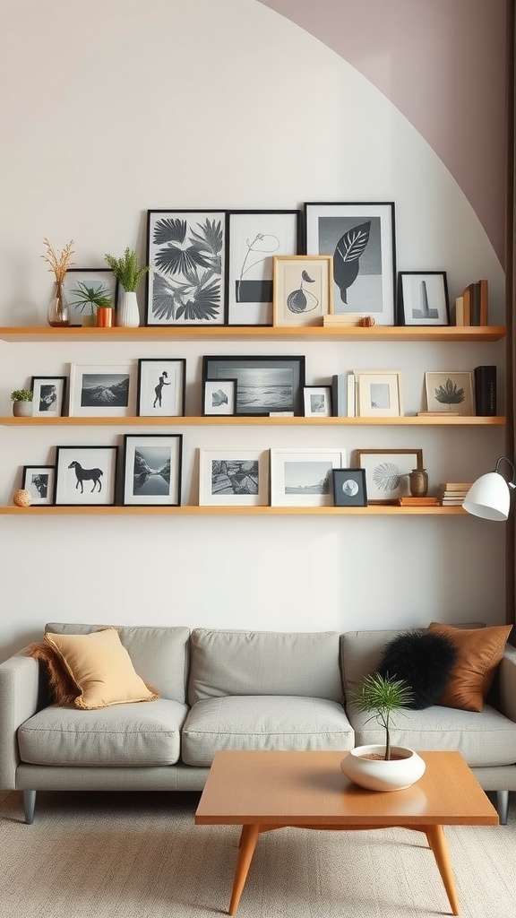 Stylish living room with shelves displaying artwork and plants above a cozy couch.