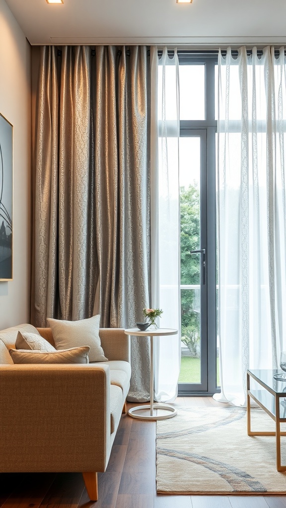 A cozy living room featuring shimmering silver curtains and a large window with natural light.