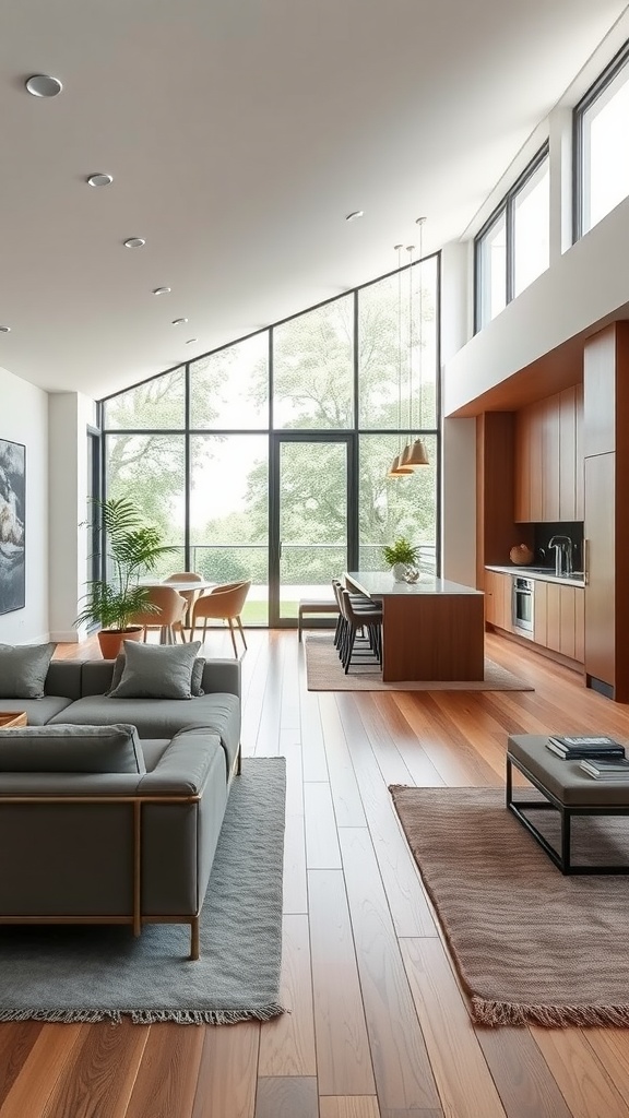 Open concept living room featuring a modern kitchen with a breakfast bar, large windows, and wooden floors.