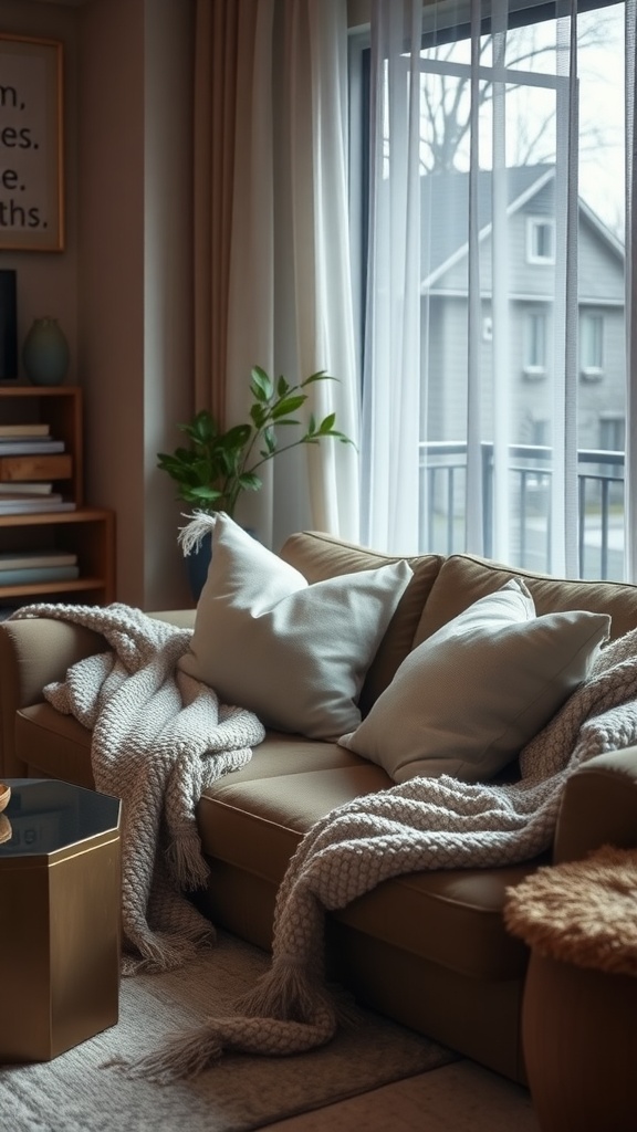 A cozy living room with a sofa, pillows, and throws featuring silver accents.