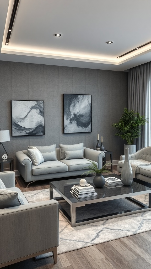 A modern living room with silver and gray decor, featuring sofas, abstract art, and a stylish coffee table.