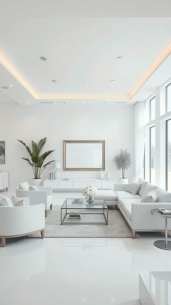 A bright living room featuring a silver and white color palette with modern furniture and decorative plants.