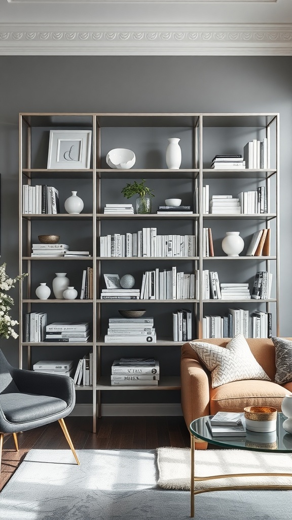 A stylish living room featuring silver bookshelves filled with white decor and books, alongside an orange couch.