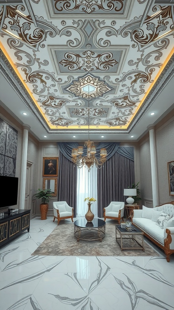 A luxurious living room with an ornate silver ceiling, elegant furniture, and stylish decor