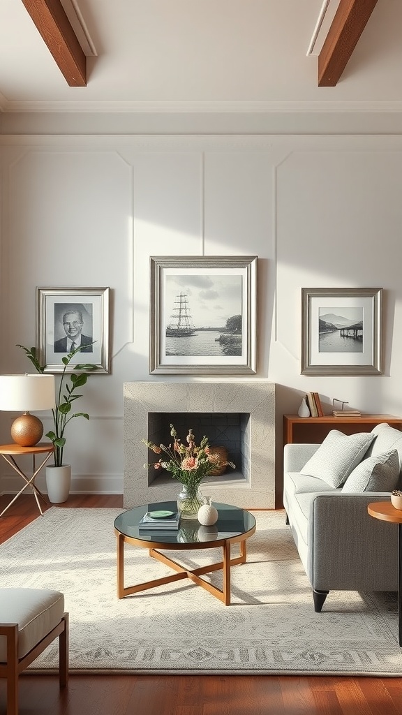 A living room featuring silver framed artwork on a white wall, showcasing a cozy and elegant design.