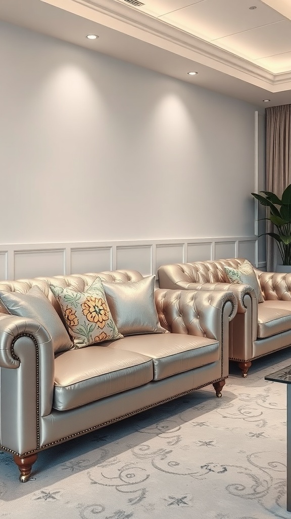 Two silvery upholstered sofas with floral cushions in a modern living room