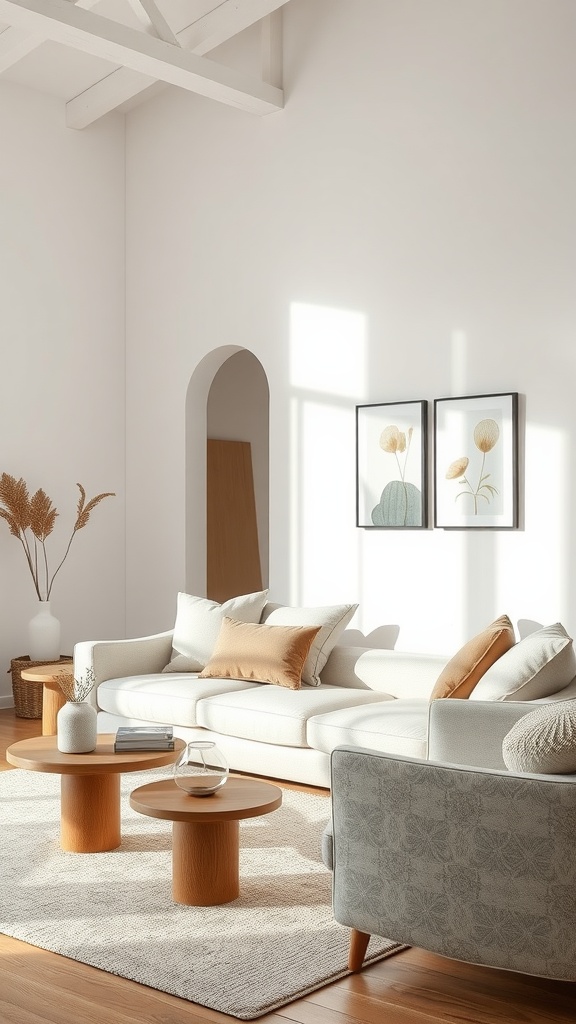 A neutral living room with a light sofa, wooden coffee tables, and decorative objects