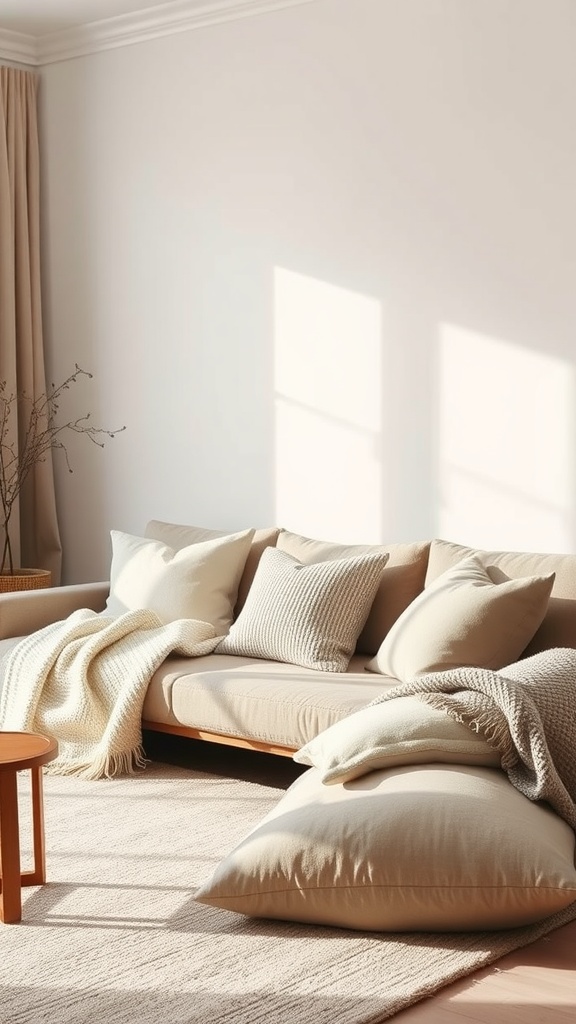 A minimalist living room featuring a beige couch with textured pillows, a throw blanket, and a wooden coffee table, all bathed in soft natural light.