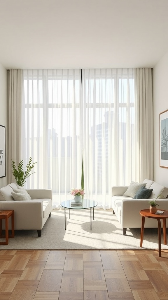 A minimalist living room featuring large windows with sheer white curtains, cozy sofas, and a coffee table.