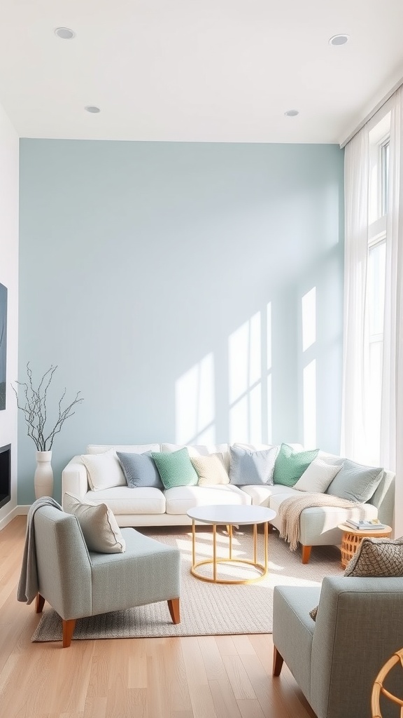 A bright living room with a sky blue accent wall, featuring light-colored furniture and natural light.