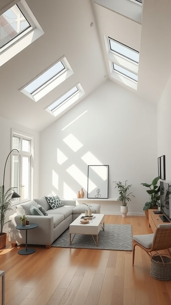 A bright living room featuring multiple skylights that illuminate the space with natural light.