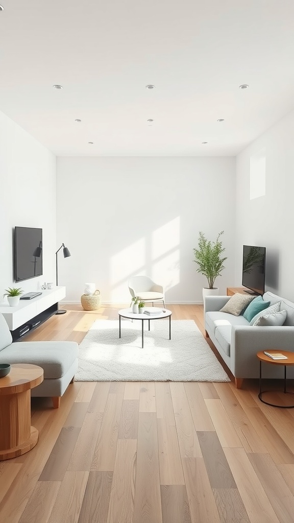 A sleek and streamlined living room with light wood flooring, minimal furniture, and a cozy atmosphere.