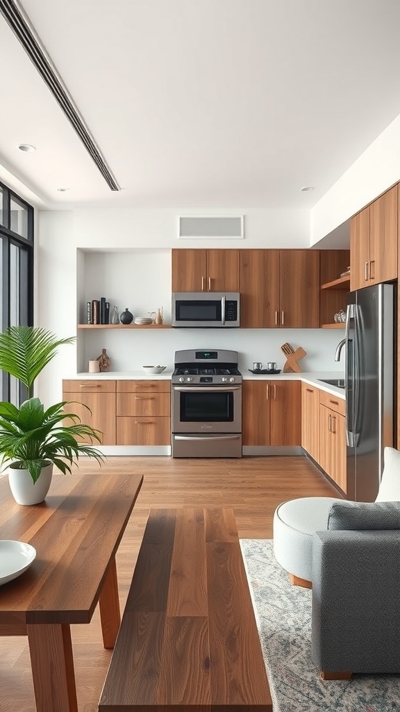 A modern open kitchen with wooden cabinets and sleek stainless steel appliances