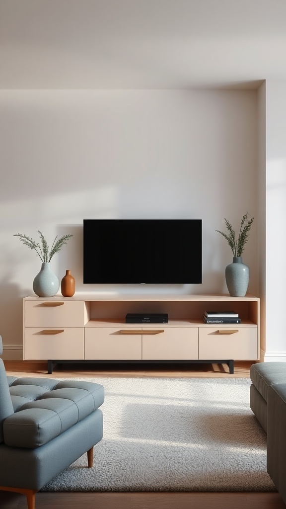 A beige media console with grey accents, featuring decorative vases and a television above it.