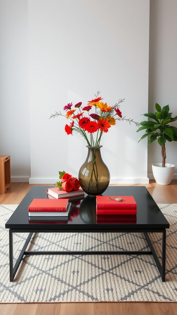 A sleek black coffee table with red books and a vase of colorful flowers, surrounded by a light rug and plants.