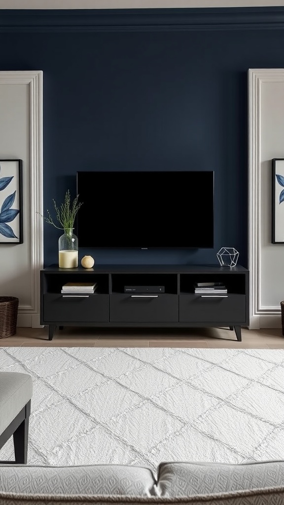 A sleek black entertainment center with a mounted TV on a navy blue wall, surrounded by decorative items.