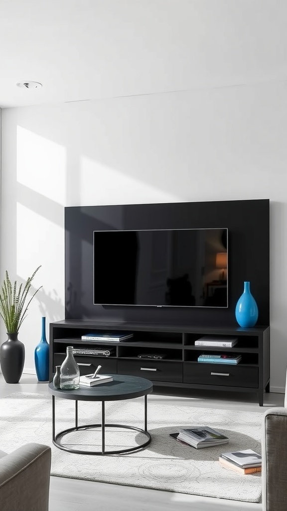 A modern black entertainment center with a TV, blue vases, and a coffee table in a stylish living room