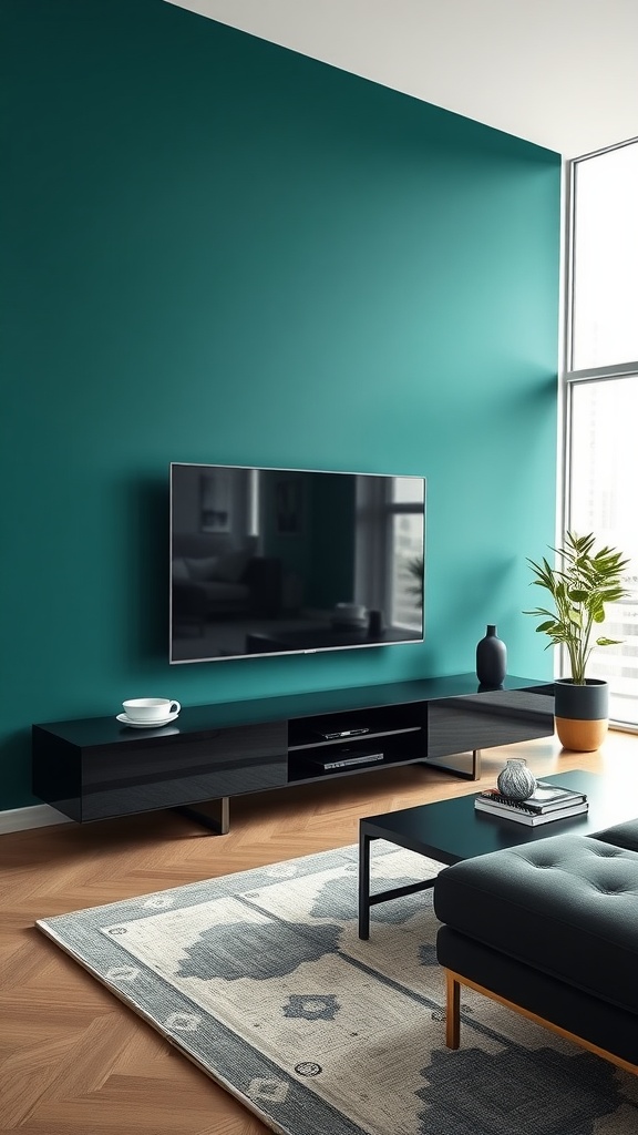 A sleek black entertainment unit against an emerald green wall in a modern living room.