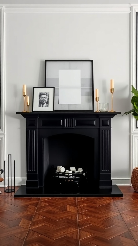 A sleek black fireplace with gold accents and decorative items on the mantel.