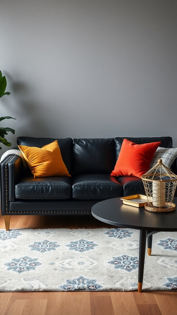 A sleek black leather sofa with colorful cushions, paired with a coffee table and decorative elements in a cozy living room setting.