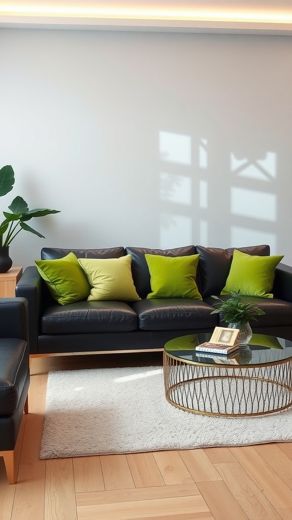 A black leather sofa with green pillows in a stylish living room setting, featuring a glass coffee table and a plant.