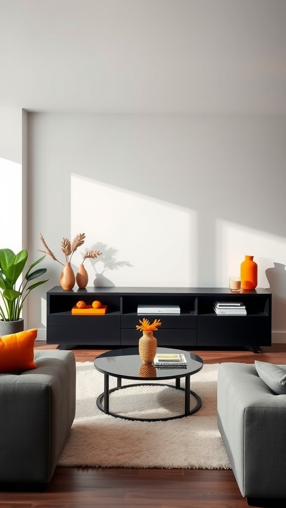 A modern living room showcasing a black media unit with orange decorative accents.