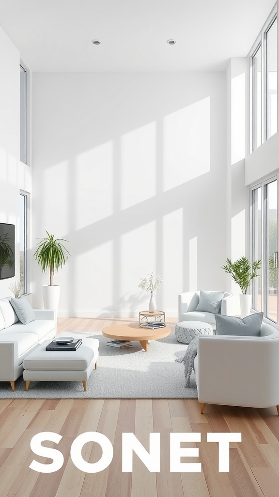 A sleek contemporary white living room featuring large windows, light wooden flooring, and minimalist furniture.