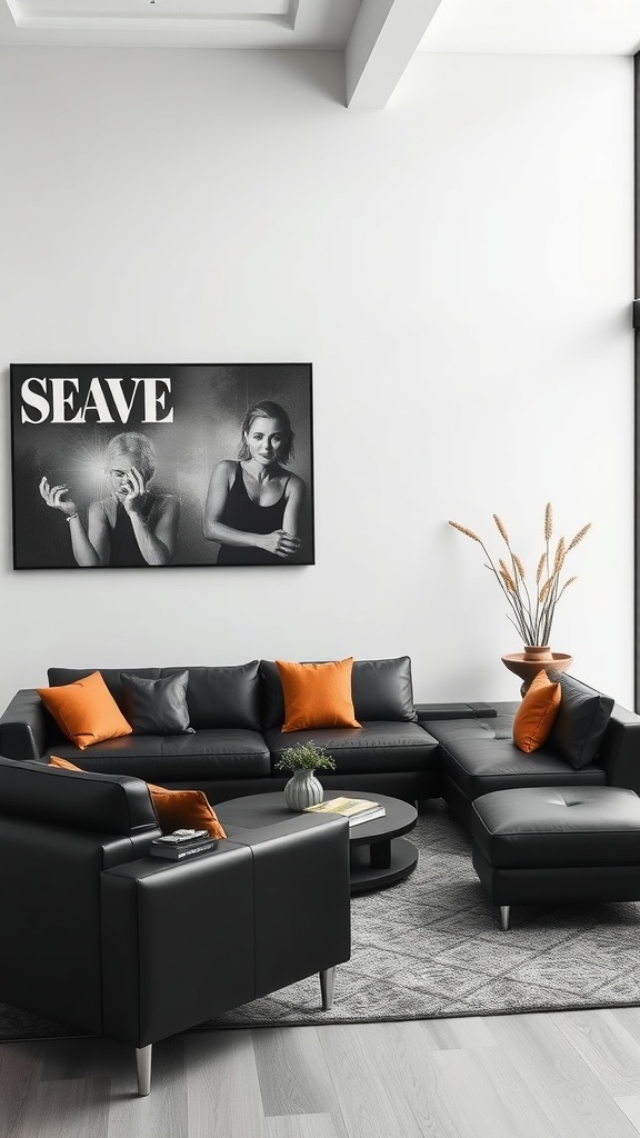 Modern living room with black leather sectional, orange accents, and wall art